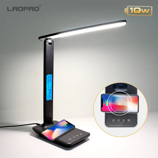 LAOPAO 10W Qi Wireless Charging LED Desk Lamp With Calendar Temperature Alarm Clock Eye Protection For Study And Office