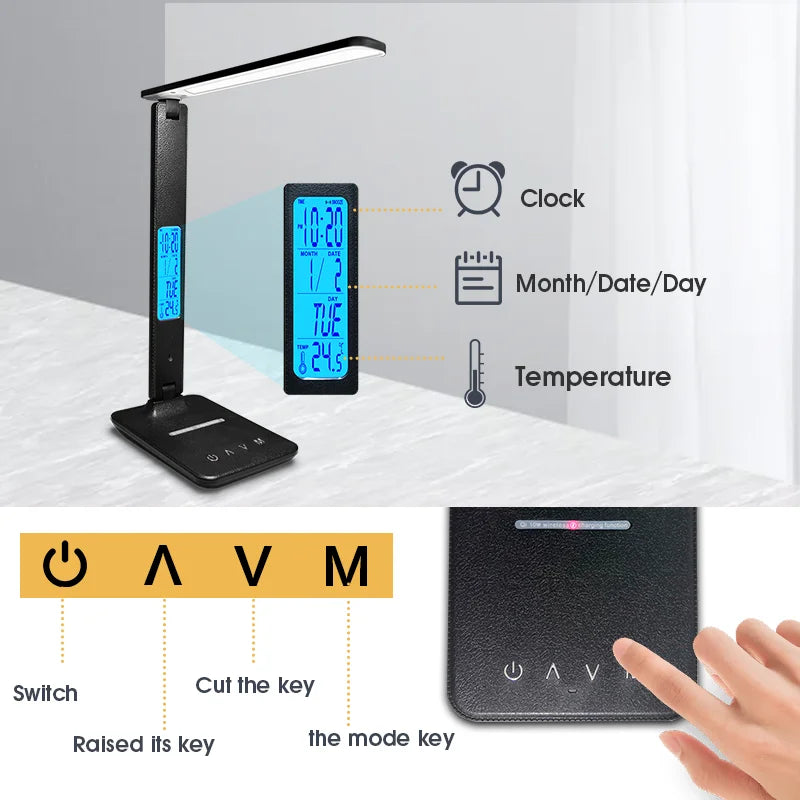 LAOPAO 10W Qi Wireless Charging LED Desk Lamp With Calendar Temperature Alarm Clock Eye Protection For Study And Office