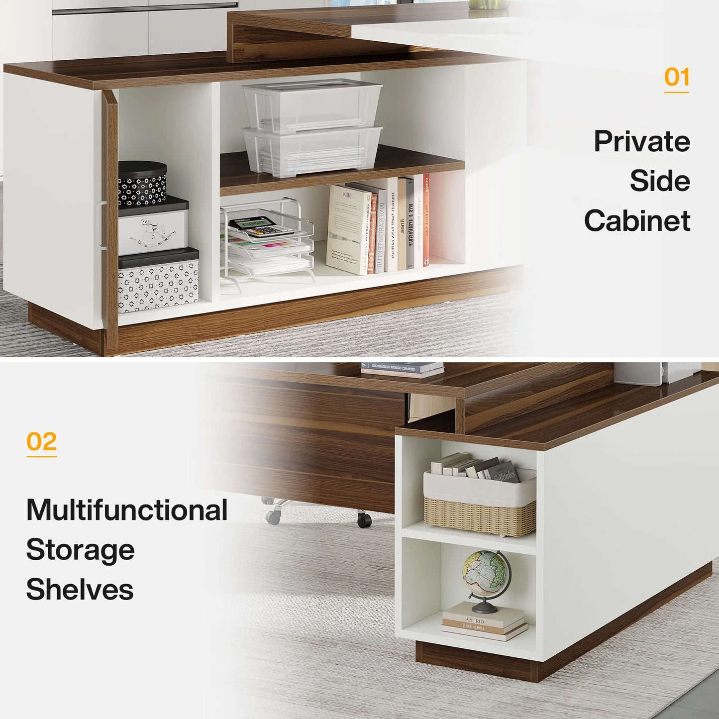 Tribesigns L-Shaped Executive Office Desk, 70.5-Inch Mid-Century Modern Executive Desk with Storage Cabinet and Shelves