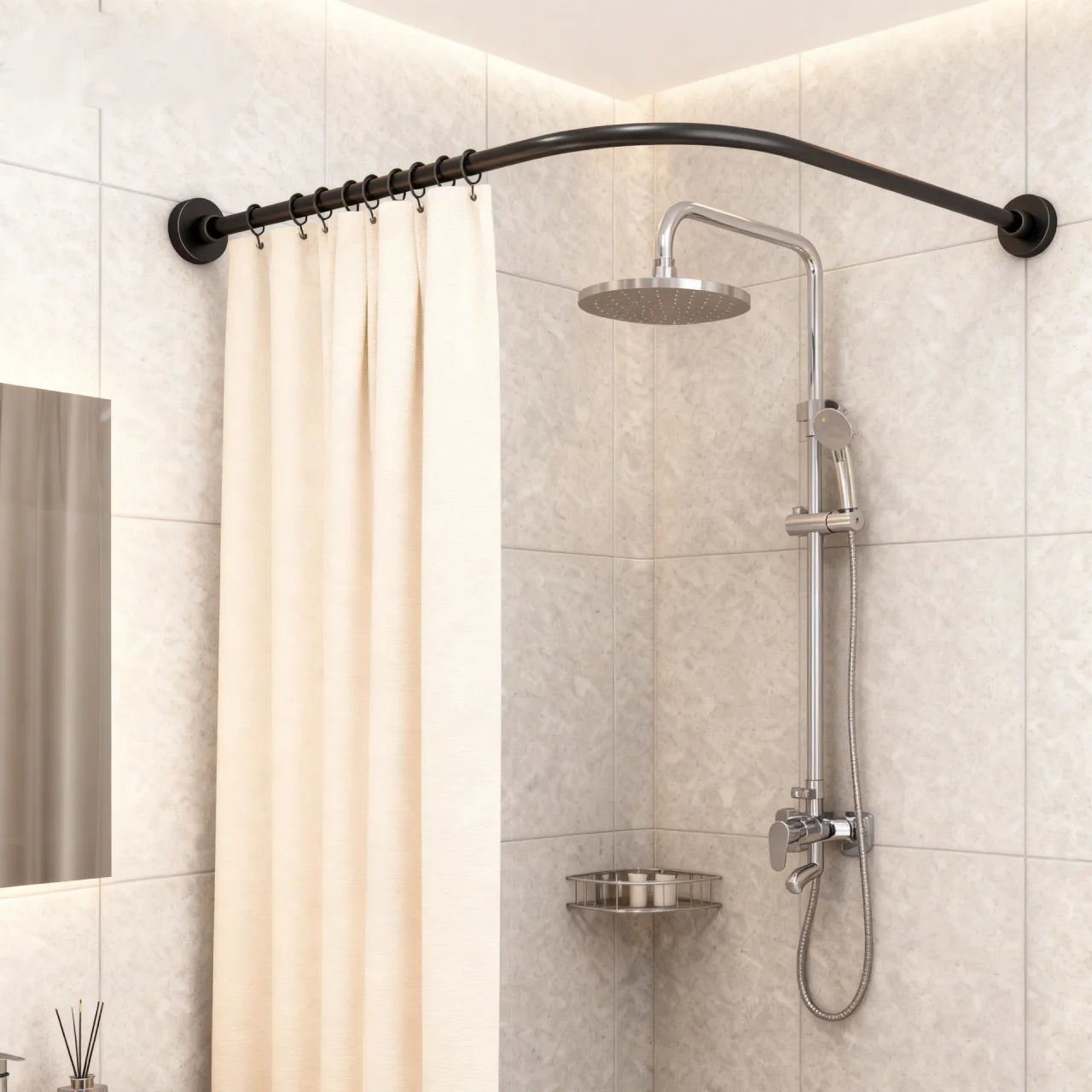 Telescopic L-Shape Shower Curtain Rail No-Drilling Corner Install Stainless Steel