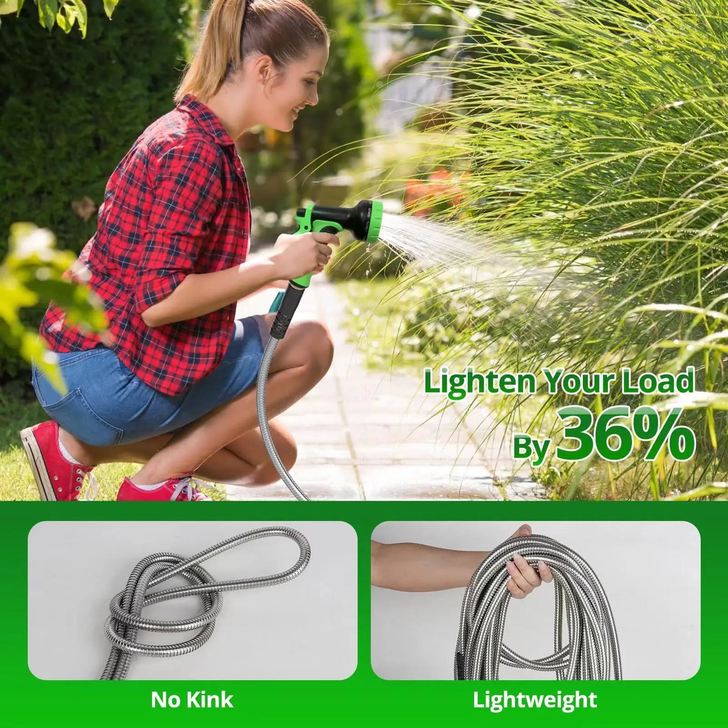 100FT 304 Stainless Steel Garden Hose Metal Heavy Duty Water Hoses with Nozzles for Yard Outdoor  Flexible Never Kink & Tangle