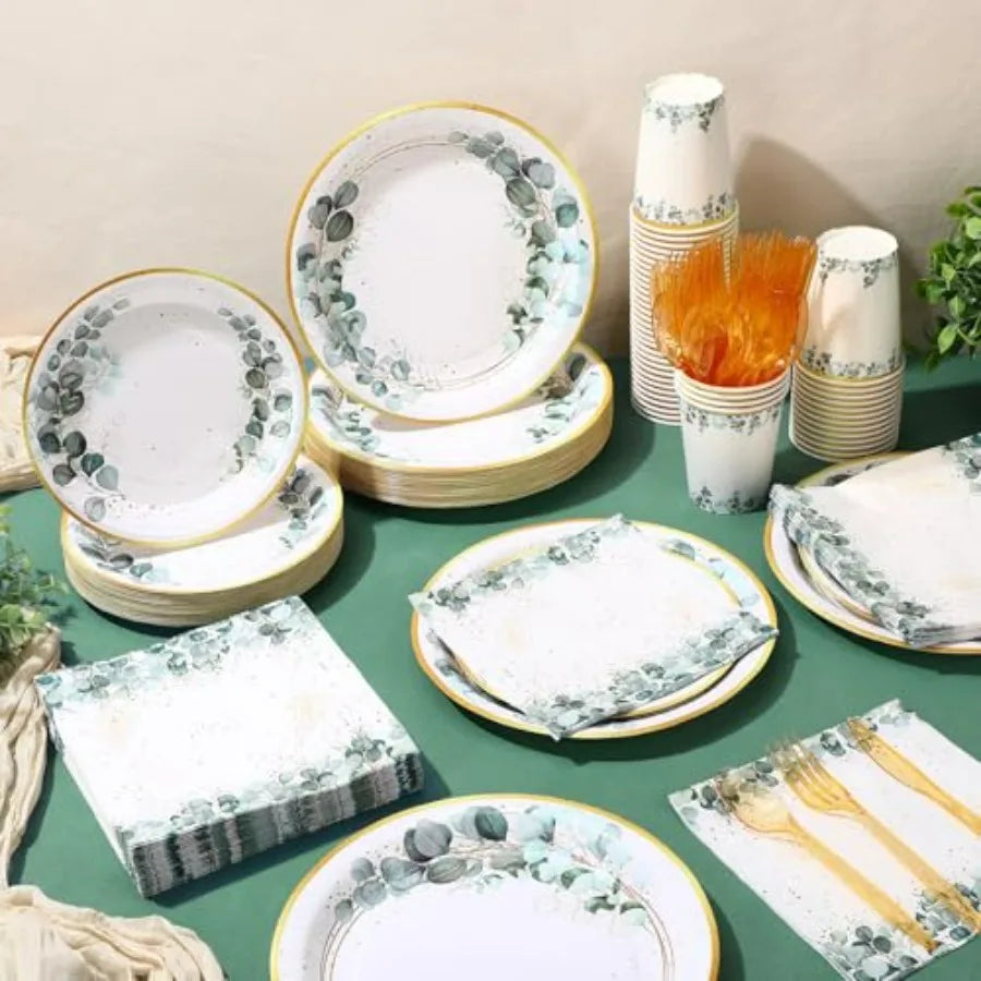 Disposable Party Tableware Set For 50 Guests With Plates And Napkins All In One Coverage Leak Resistant PVC