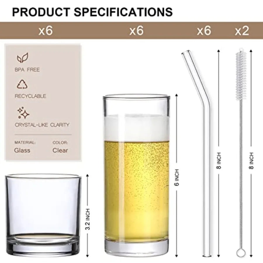 12 Pack Highball Glass Cups With Reusable Straws For Everyday Use Set Perfect For Water Juice Iced Tea Cocktails