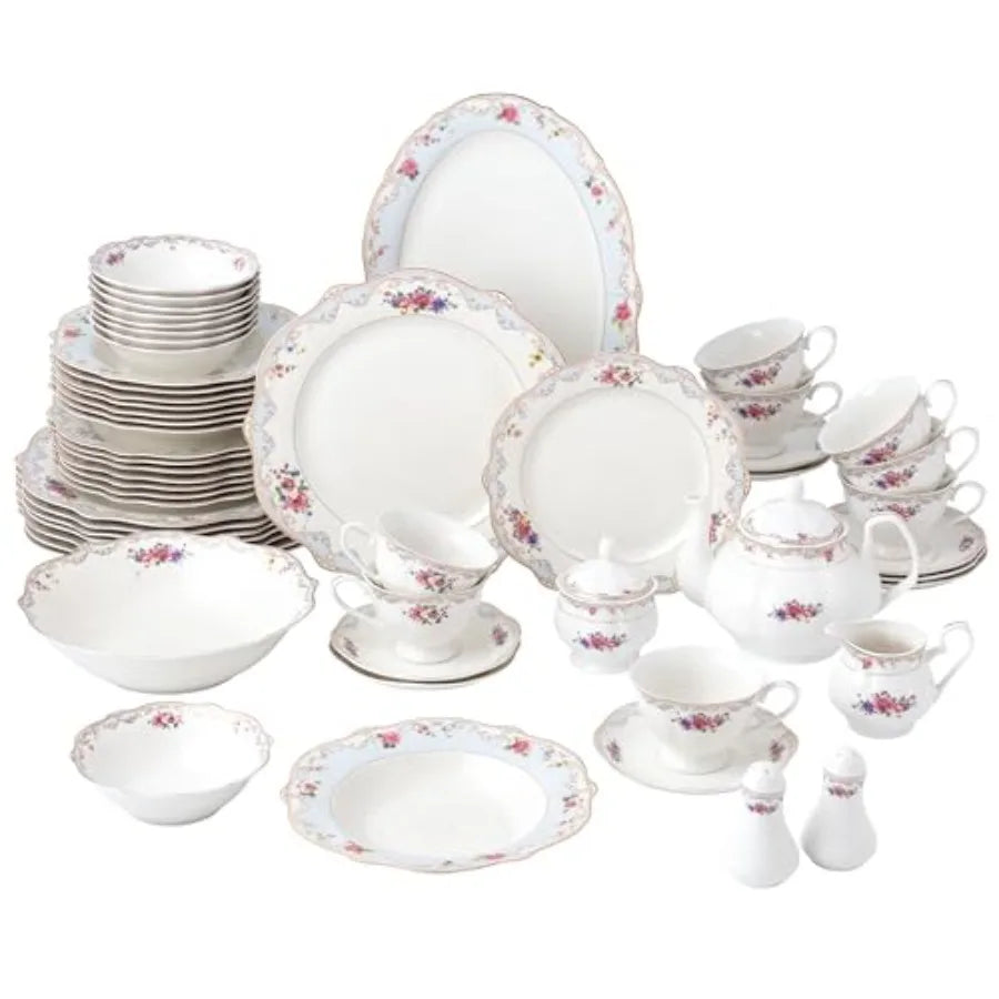 57-Piece Bone China Dinnerware Set, Service for 8, Floral with Blue and Gold Trim