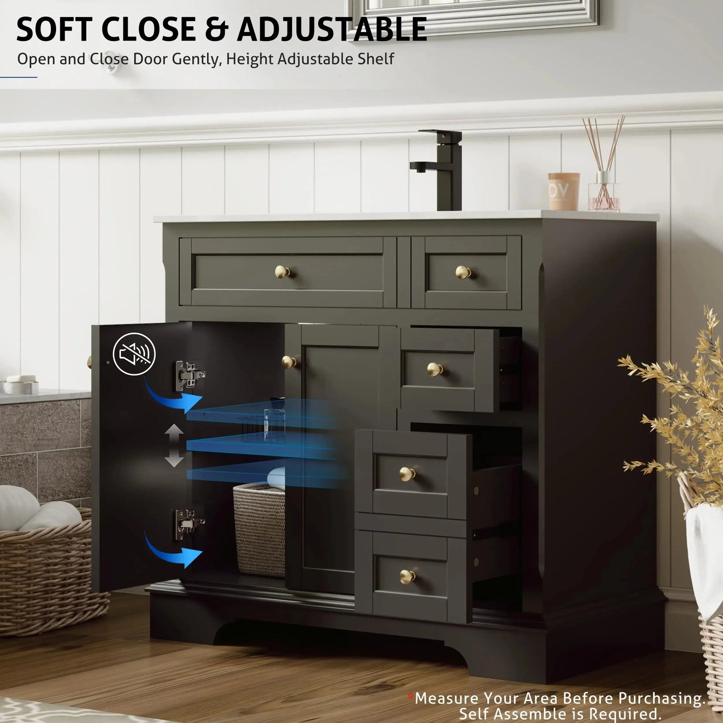 24" 30" 36" Painted Surface Raised Arch Feet Soft Closing Doors Vintage Bathroom Vanity Storage Cabinet with Sink