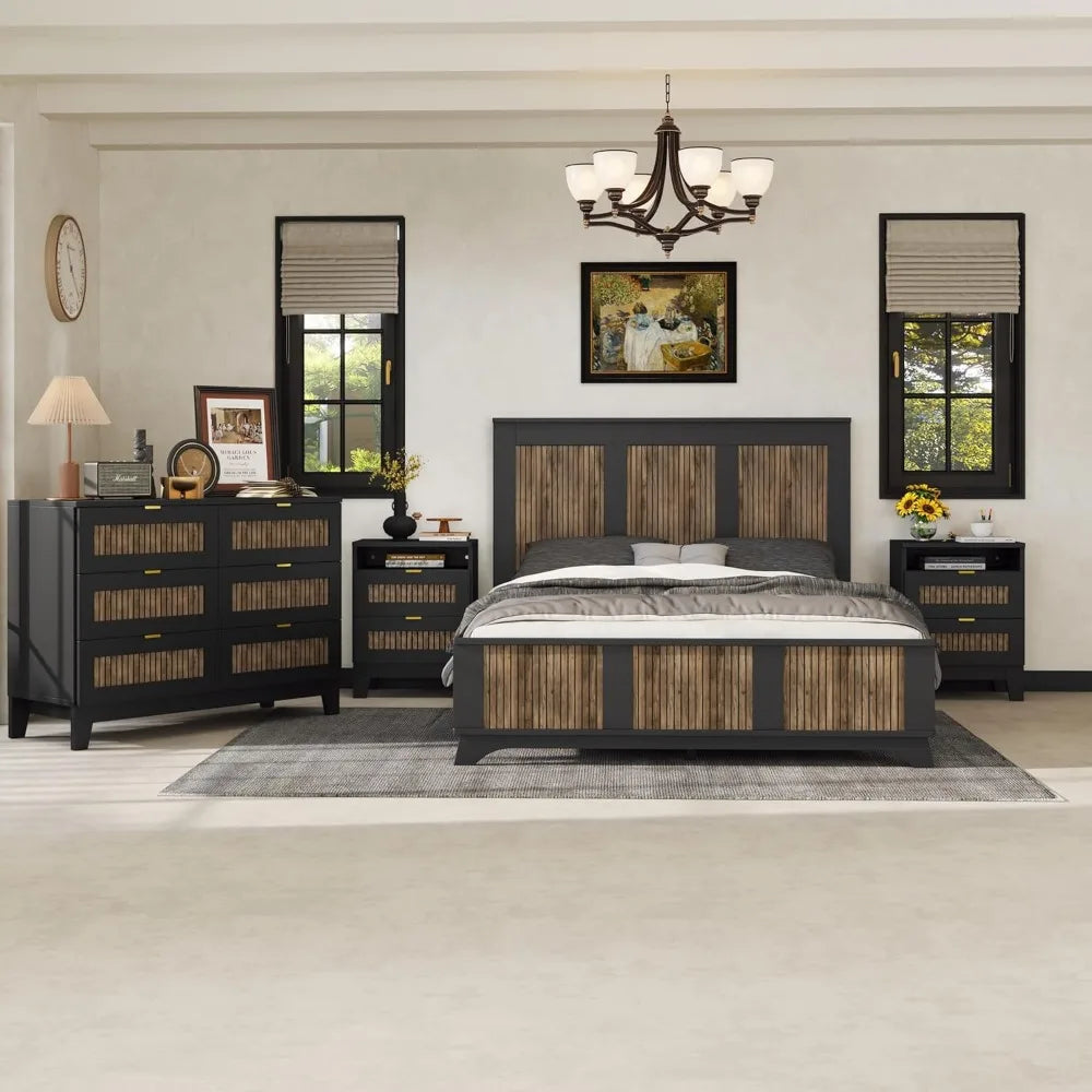 MKDK Premium EngineeredWoodPlatformConstruction BedSetWithNightstands AndDresser