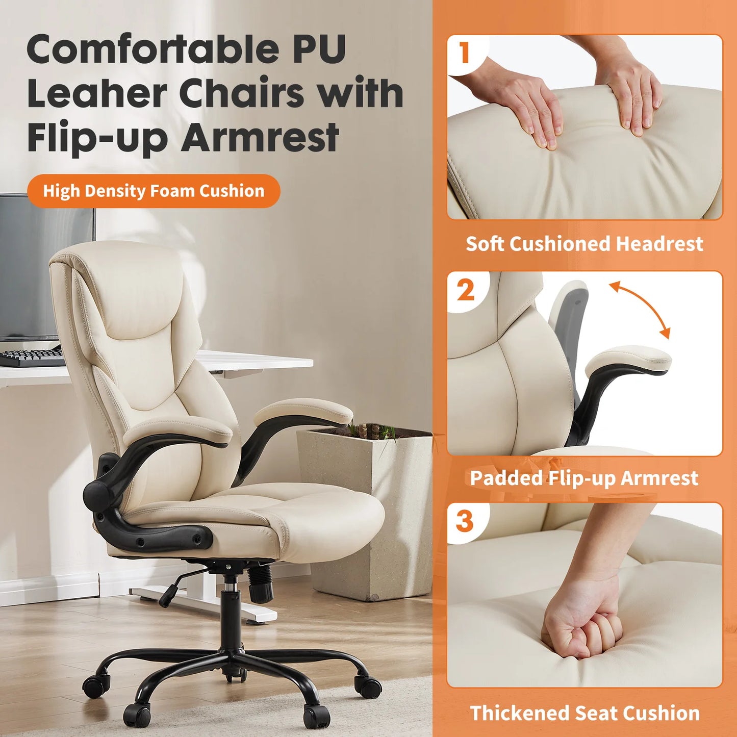 JHK Ergonomic Office Chair PU Leather Heavy Duty Task Chair With Flip Up Arms For Long Hours Comfort And Lumbar Support