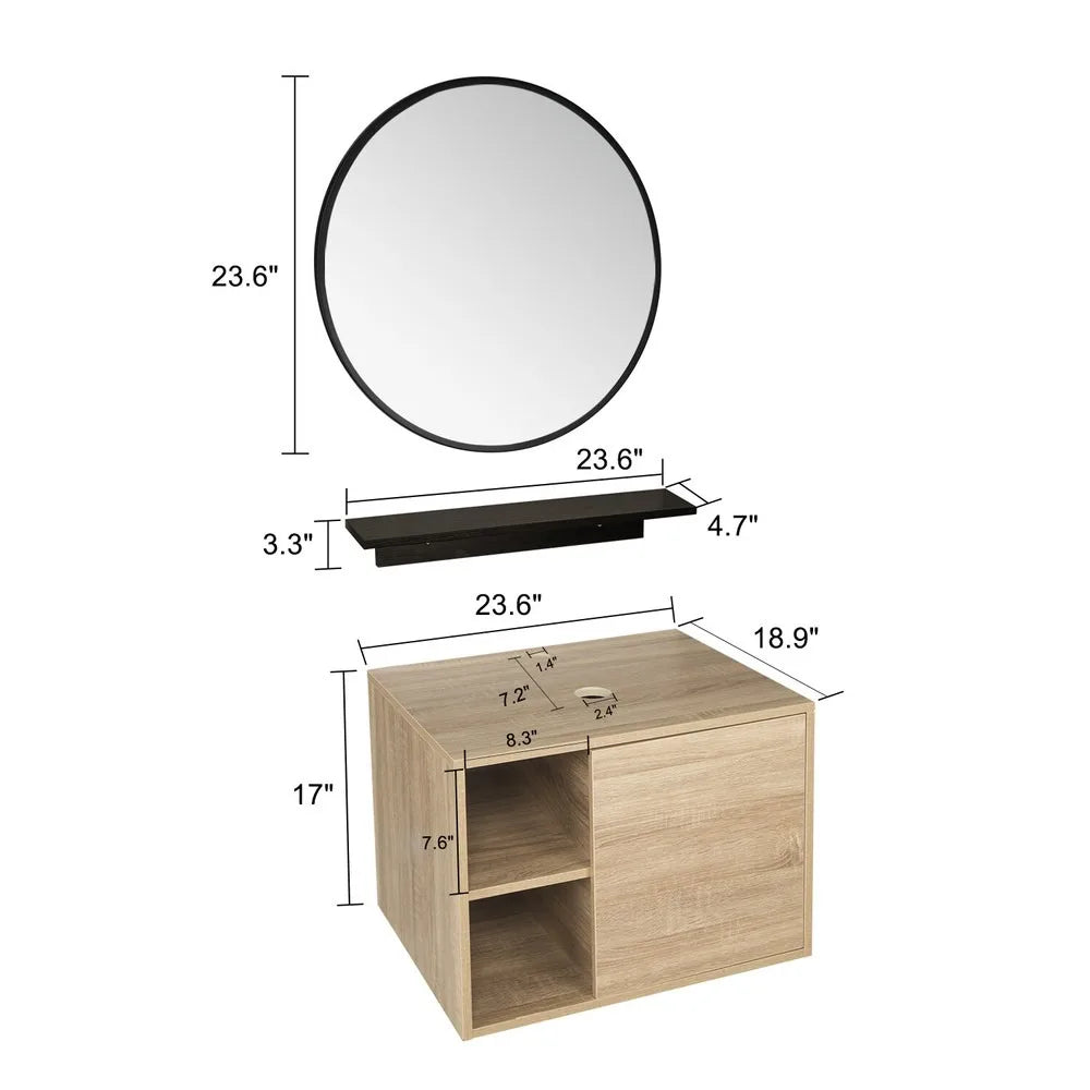 24'' Bathroom Vanity w/ Mirror Wooden Floating Cabinet Storage Vessel Sink Combo