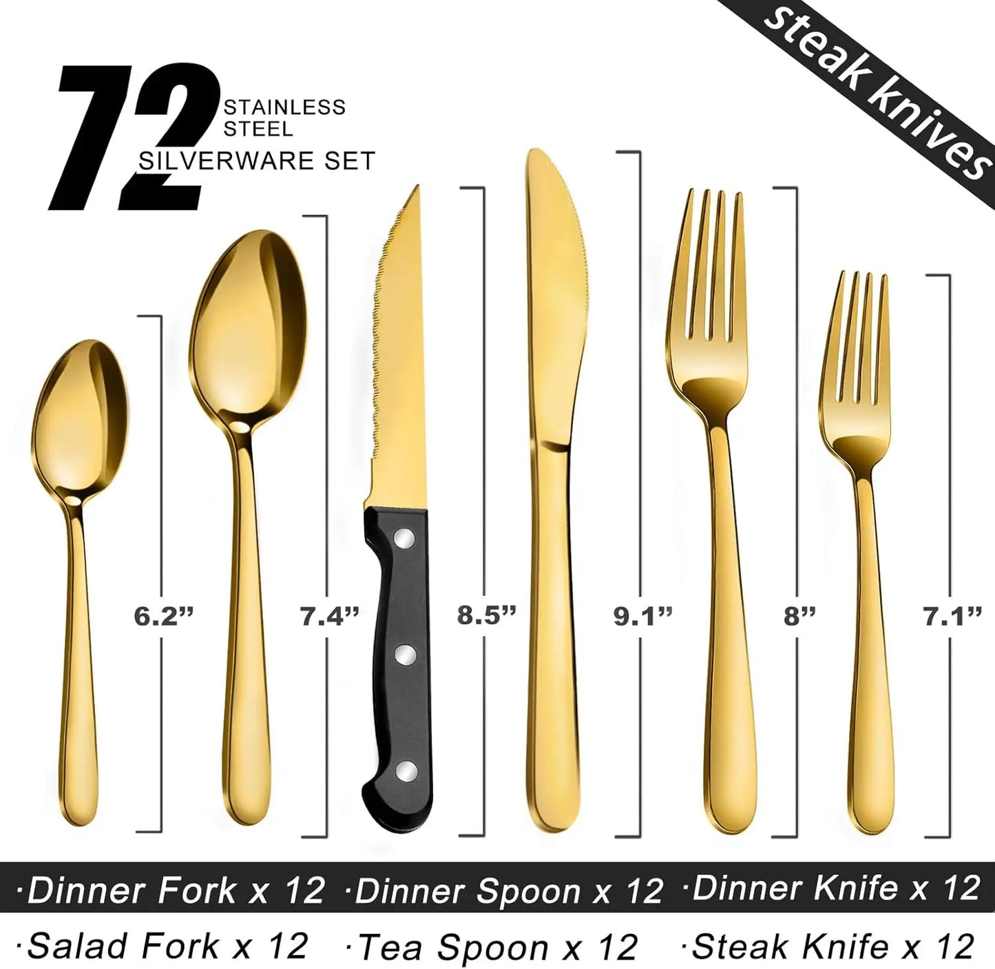 72-Pcs Gold Silverware Sets, Flatware Set with Steak Knives, Stainless Steel Cutlery Set, Include Forks Spoons and Knives Set.