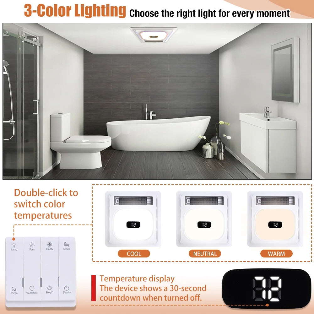 4-in-1 Bathroom Exhaust Fan with Bluetooth Speaker 1800W Heater 180 CFM Quiet Ventilation Easy Install for Home