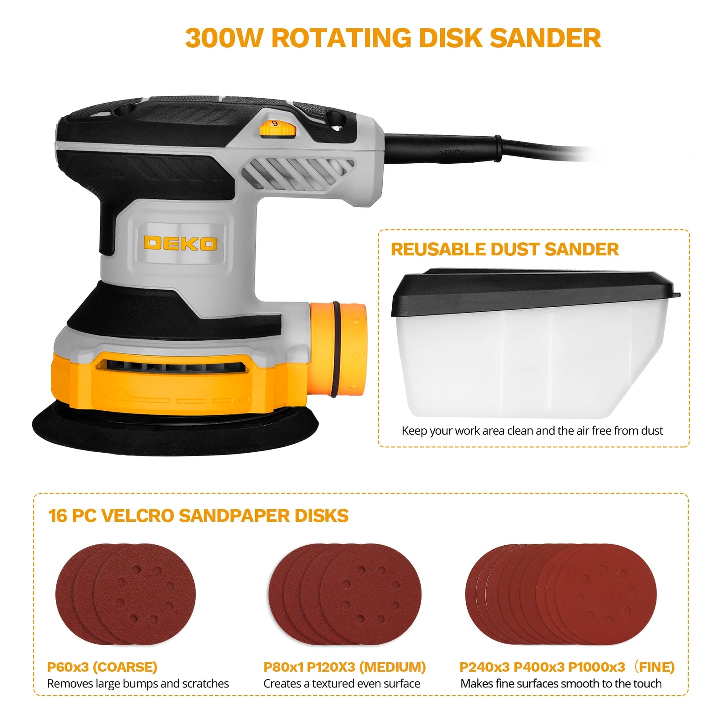 DEKO 14000 RPM Orbital Sander DKOS30A125G 300W With Dust Collection Pad And 16 Pieces Sandpaper Set