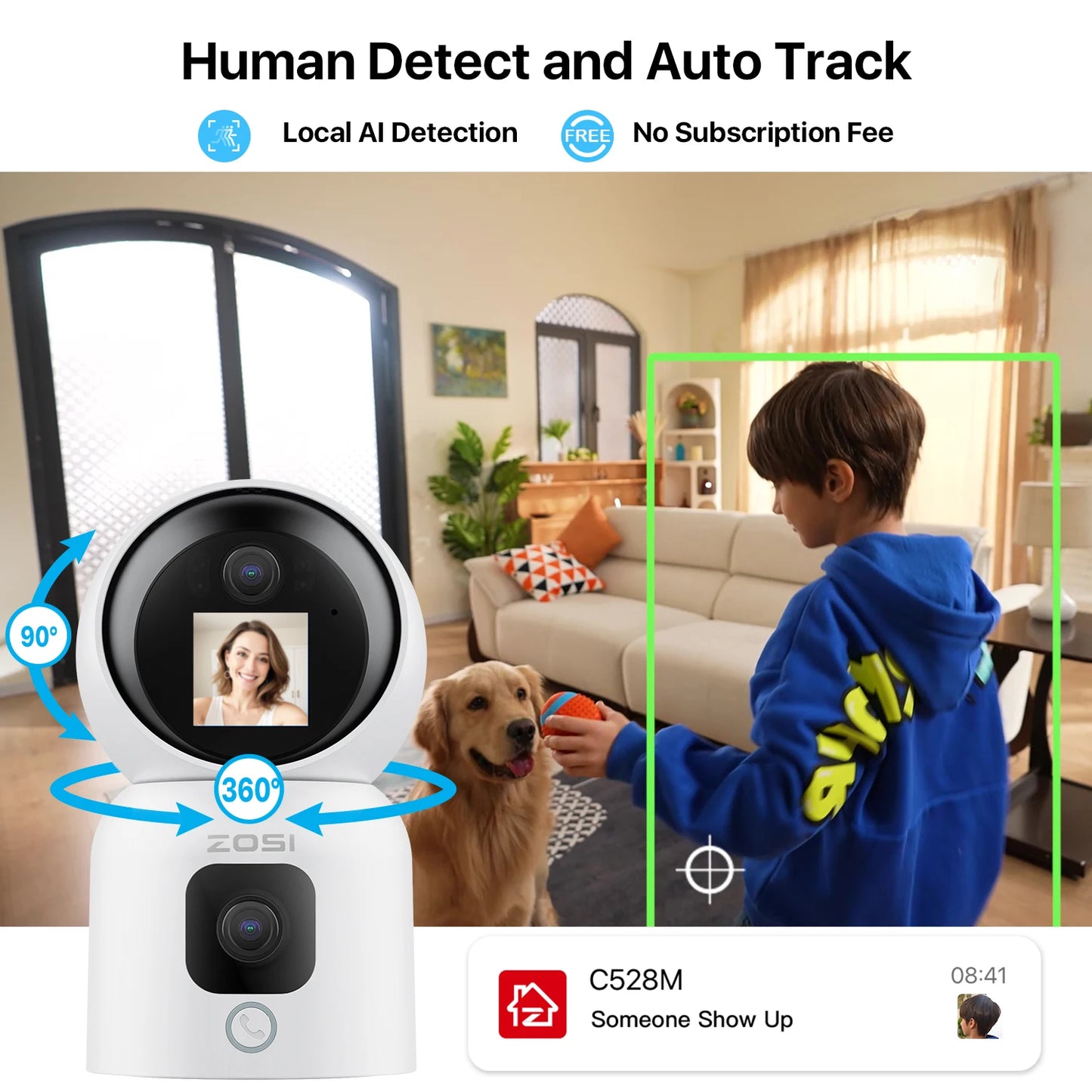 ZOSI 360 AI PTZ Security Camera With Auto Tracking Night Vision 2K Resolution Full 360 Degree Coverage