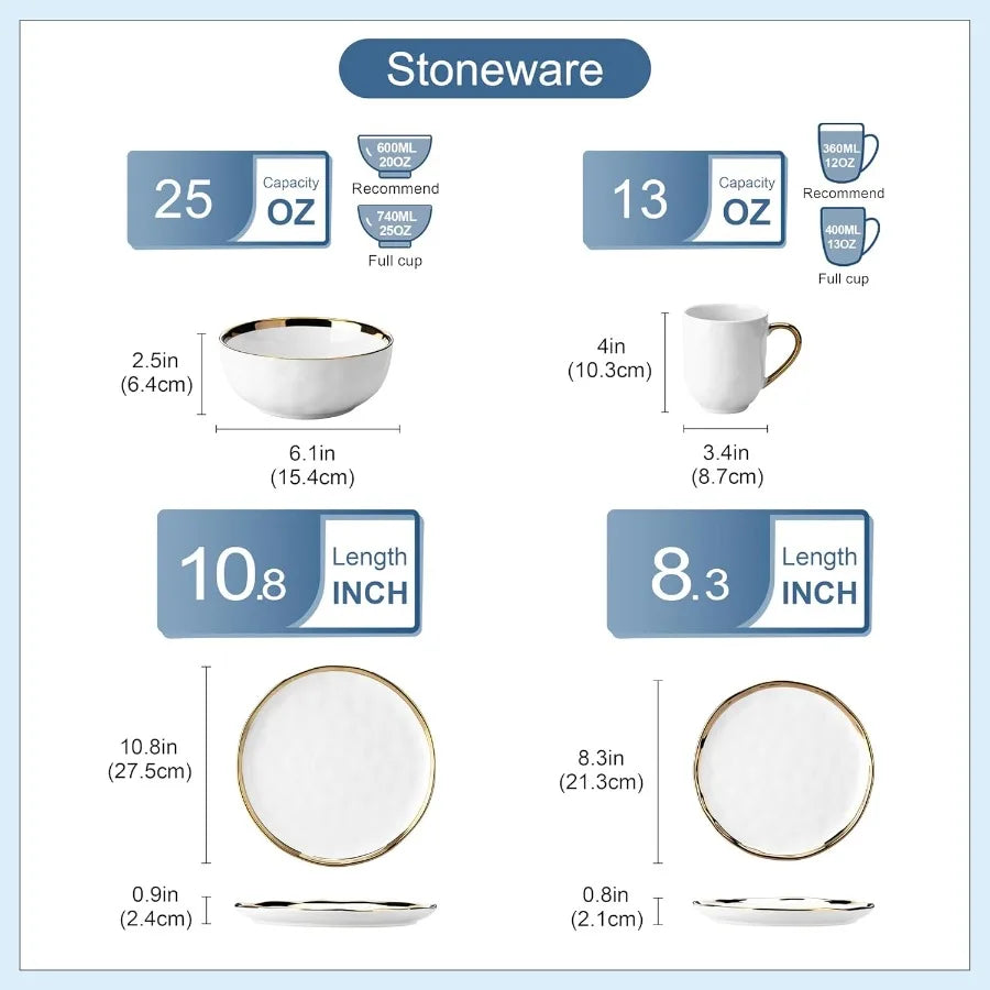 16 Pieces Plates and Bowls Sets Porcelain White and Gold Dinnerware Sets Round Dinner Plates Dishes Set Service for 4 Dishwashe