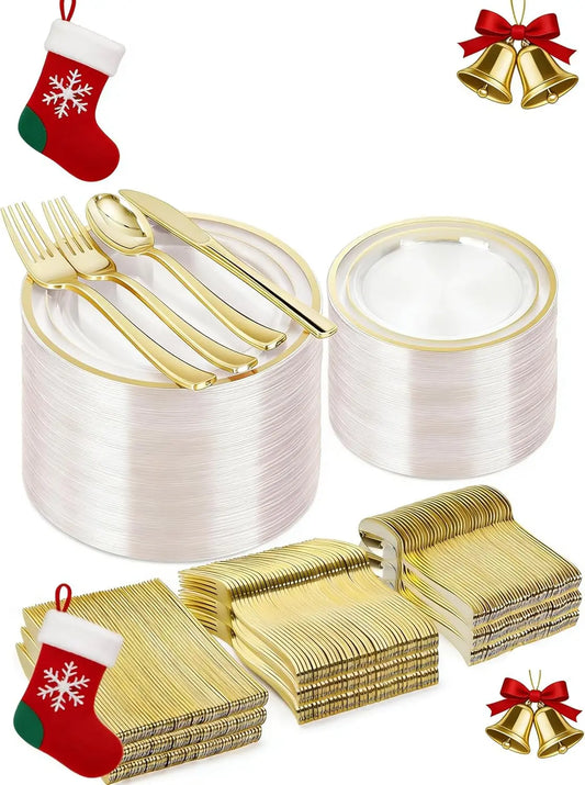 600-Piece Gold Plastic Dinnerware Set for 100 Guests, Disposable Plates & Utensils for Party Wedding Birthday Christmas