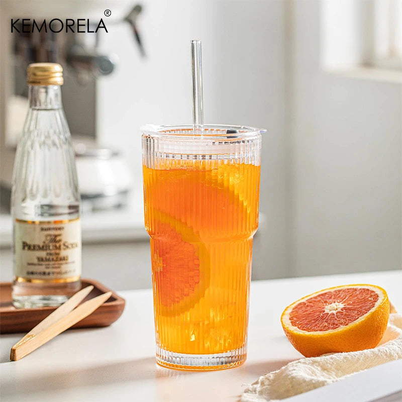 KEMORELA Ribbed Glass Tumblers With Lids And Straws Set