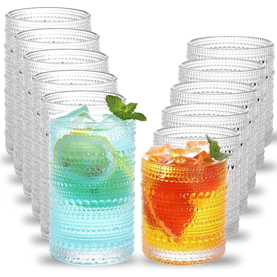 Hobnail Drinking Glasses Set Of 12 Clear Embossed Glassware For Water Juice And Cocktails