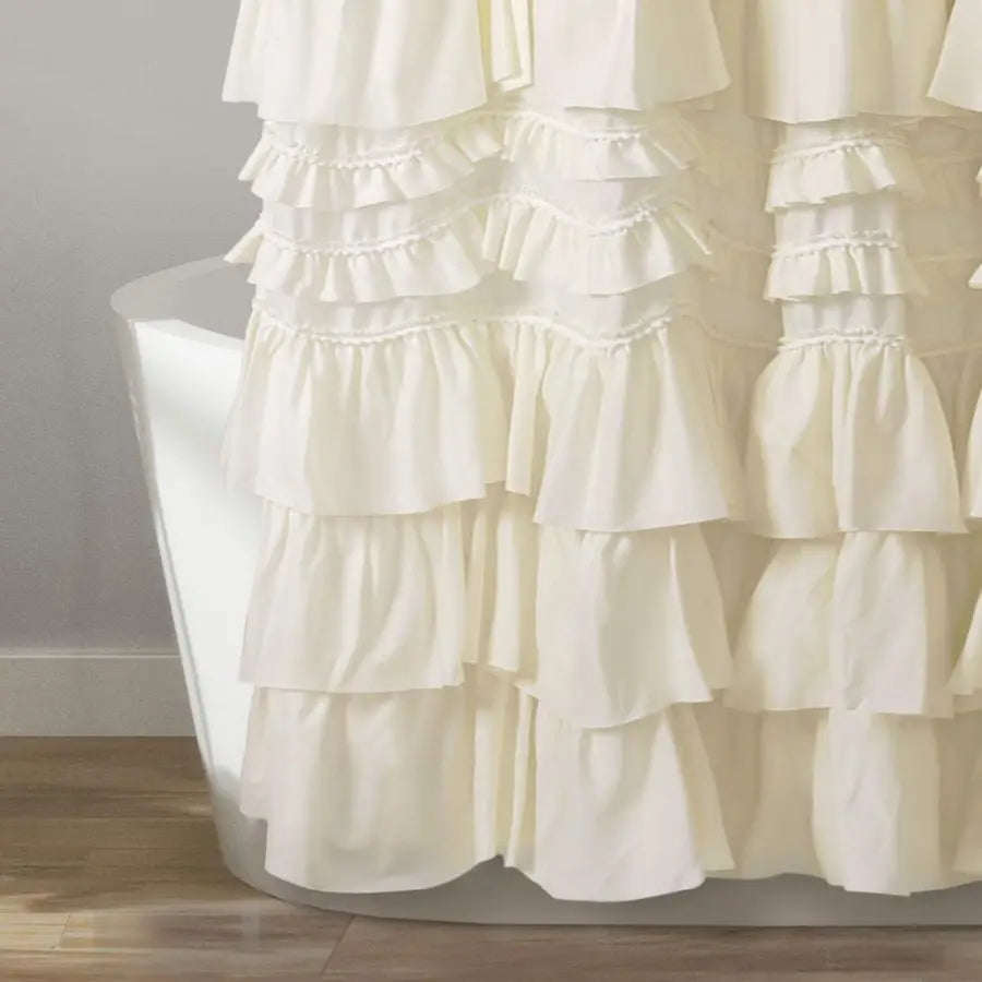 Ruffled Shower Curtain Polyester Nonwoven Fabric For Bathroom With Pom Pom Trim 72 By 72 Inches