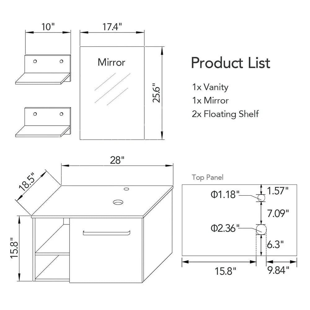 28'' Floating Bathroom Vanity Black Cabinet with Sink Vessel Side Shelves Mirror