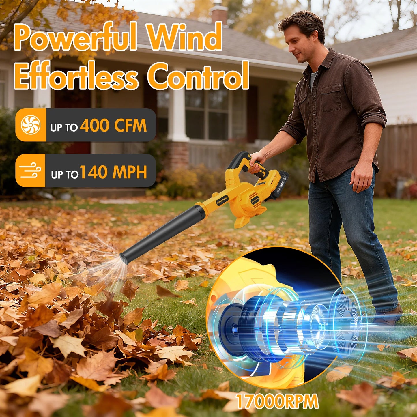 21V Brushless Leaf Blower Kit 150CFM Cordless with Two 2.0Ah Batteries and Detachable Tube