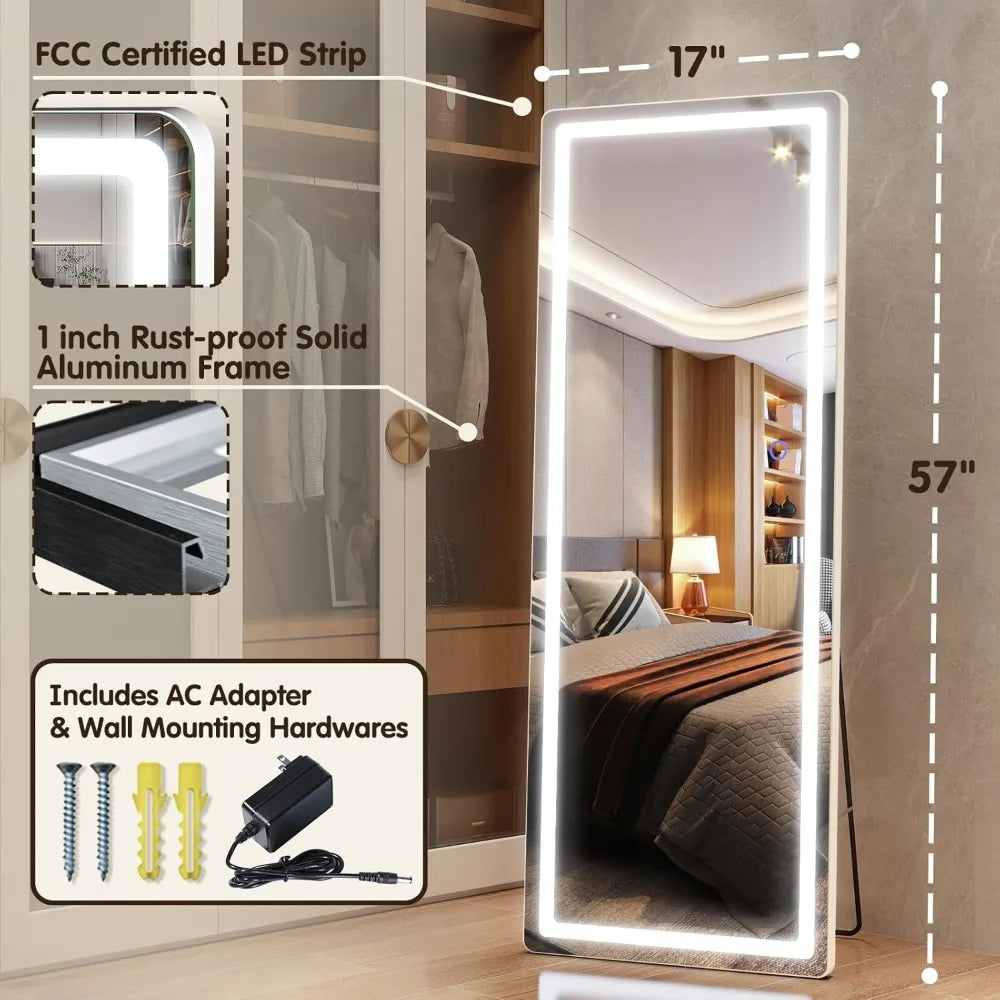 LED Lighted Full Body Floor Mirror, 57 x 17 Free Standing Wall Mountable Mirror for Home and Salon Use