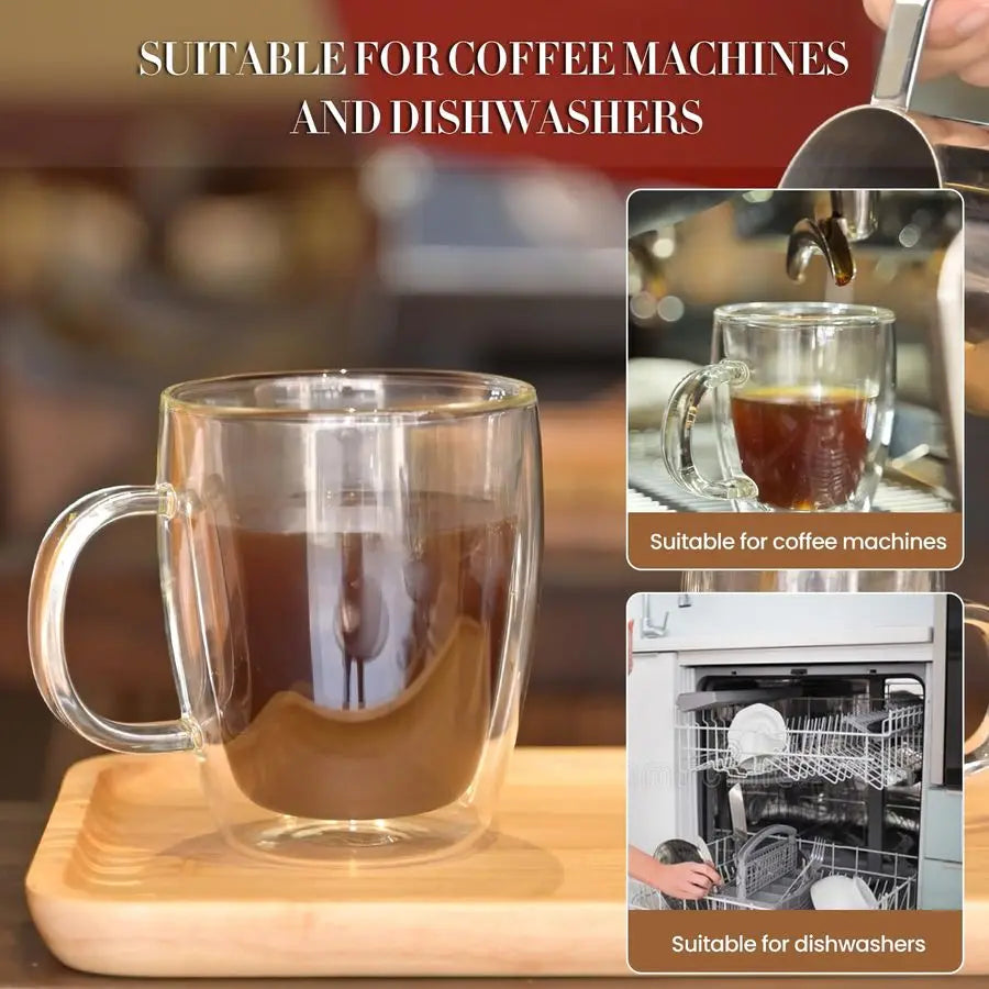 Double Wall Coffee Mugs, 4Pcak 16 OuncesClear Glass with Handle,lnsulated,Cappuccino,Tea,LatteCups,Beverage Glasses Heat Resista