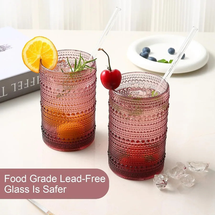 Vintage Hobnail Glassware Six-Piece Set With Handcrafted Embossed Purple Motif-Design