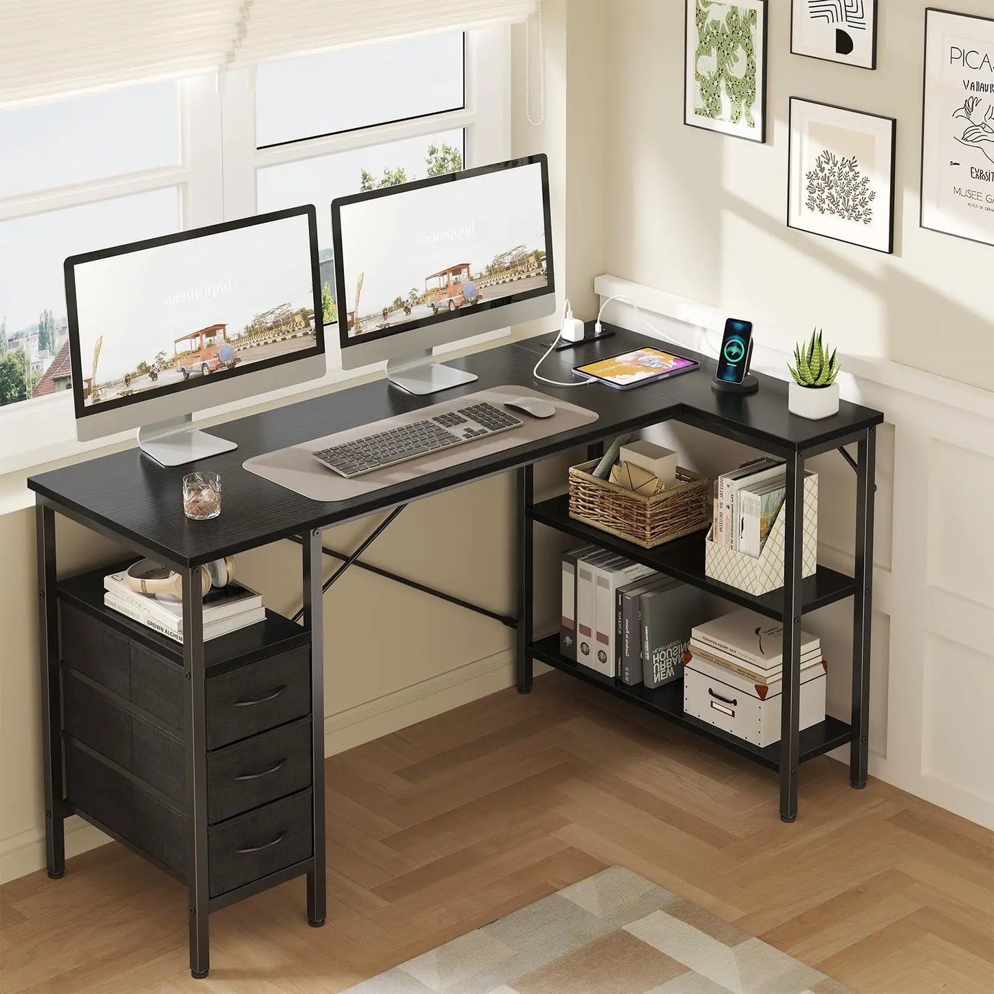 JHK L Shaped Desk With Beneficial Ergonomic Organization FacilitiesPlus PowerOutlet