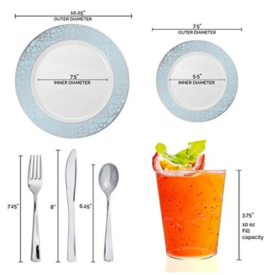Elegant Disposable Plastic Dinnerware Set for 60 Guests - Fancy White with Blue & Silver Dinner Plates, Holiday Plates, Silverwa