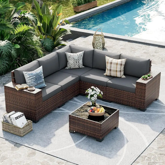 XMSJ Outdoor Wicker Sectional Sofa Set With Coffee Table