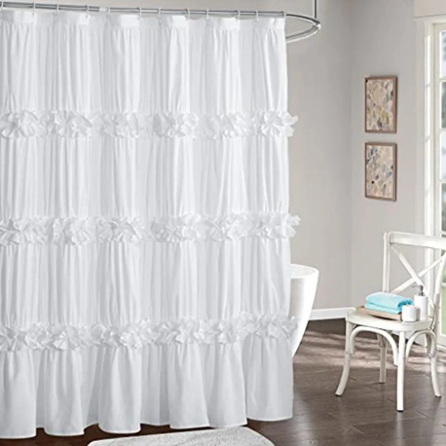 Victorian Ruffle Shower Curtain Ruched Bow Tie Polyester Knit Bath Curtain For Timeless Classic And Modern Decor