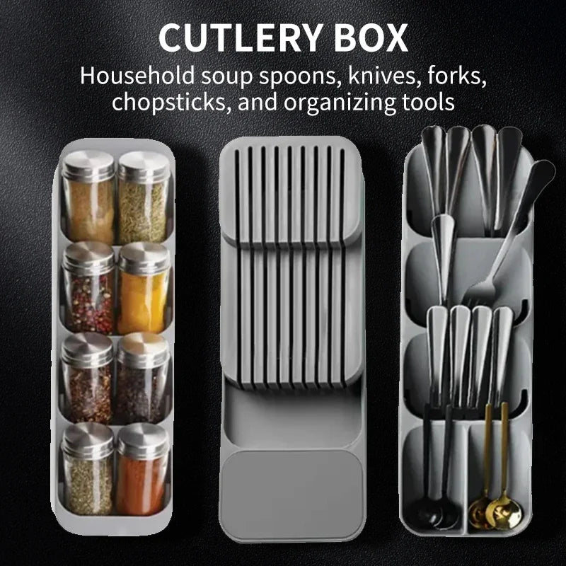 Kitchen Drawer Cutlery Storage Tray Knife Holder SpiceBottles Tableware Organizer