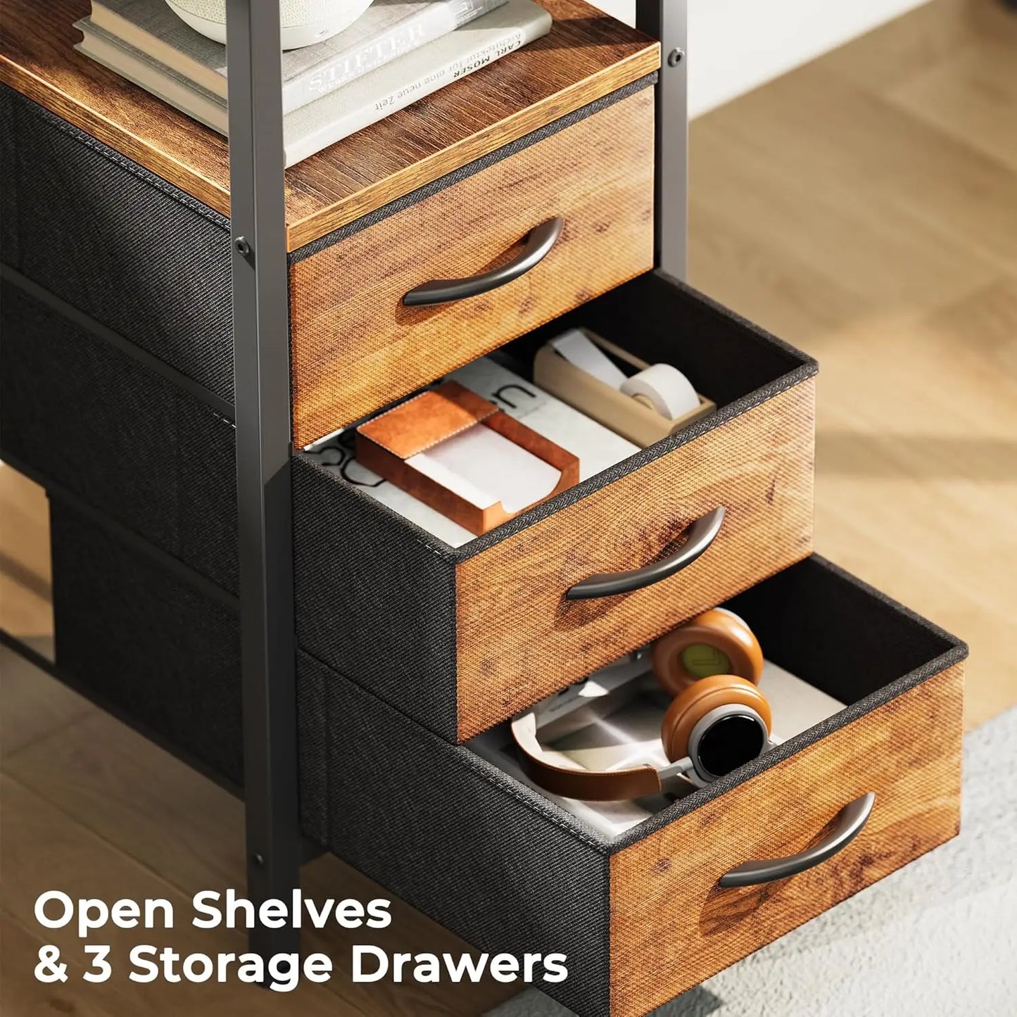 L-Shaped Office Desk with Power Outlets, 3 Drawers, Shelves for Gaming and Home Office in Rustic Brown