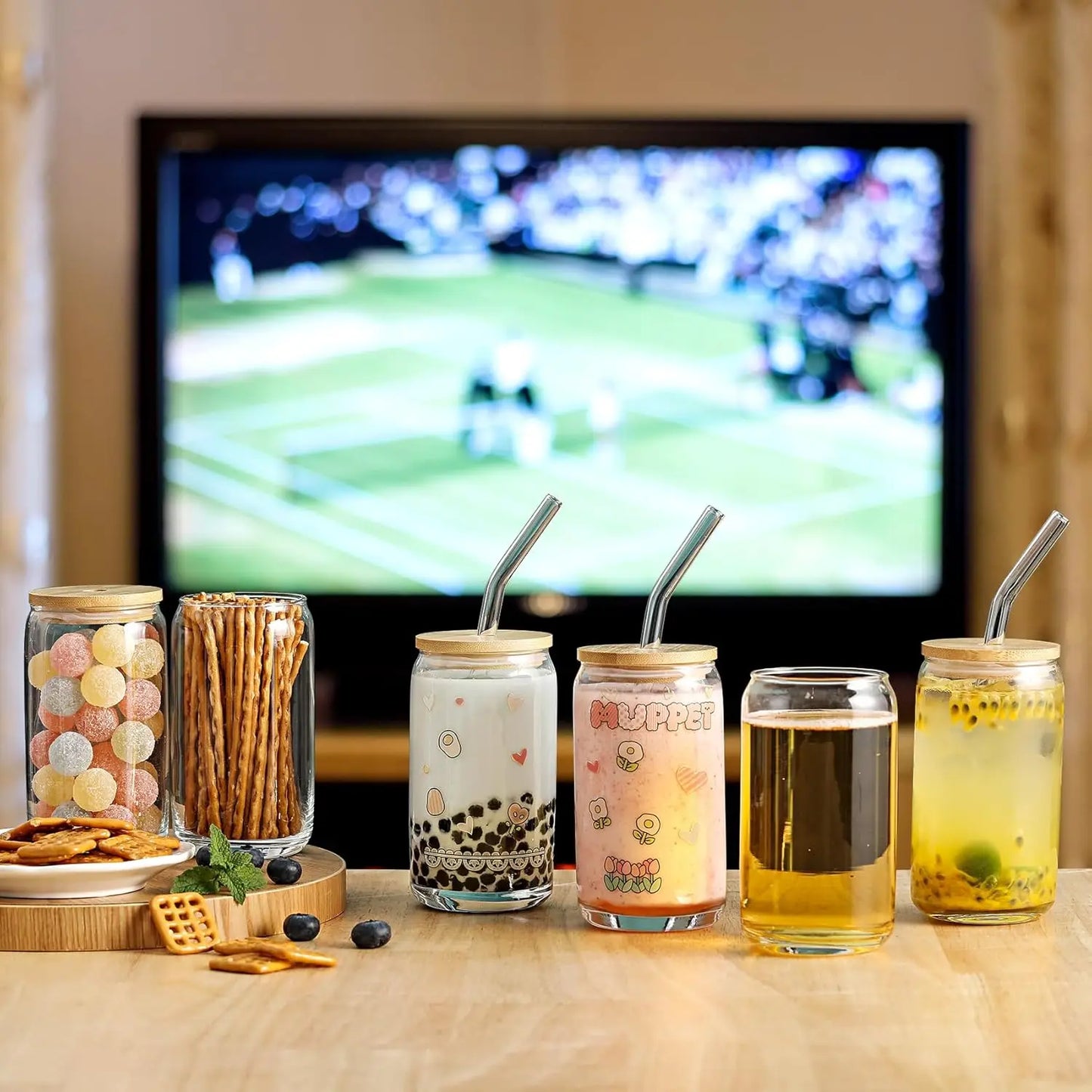 20 Piece Beer Shaped Glass Tumblers Set With Bamboo Lids And Straws 16 Oz Eco Friendly Bundle