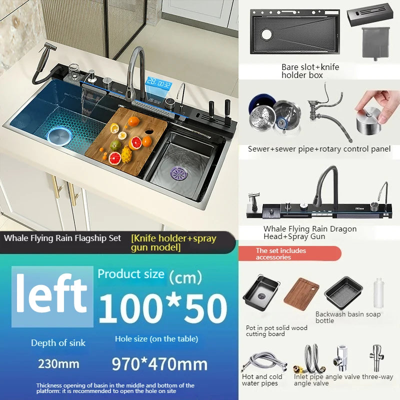 Stainless Steel Waterfall Kitchen Sink Digital Display Large Single Slot Dishwashing Sinks Overseas Warehouse Shipping