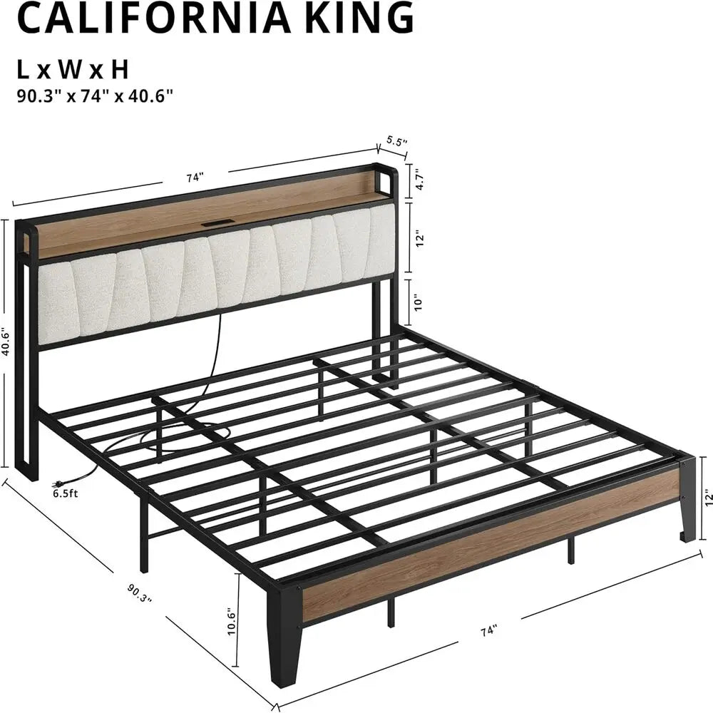 Likimio Bed Frame With Storage Headboard And Charging Station With USB Ports And Outlets With Heavy Duty Metal Slats