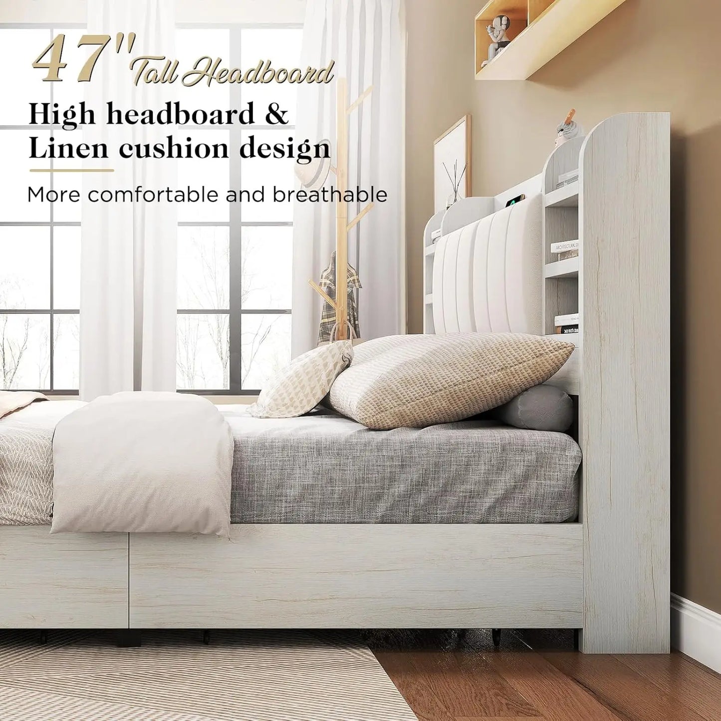 Storage Bed Frame With Charging Station And Bookcase Headboard With Hidden Storage Six Shelves Under Bed Storage