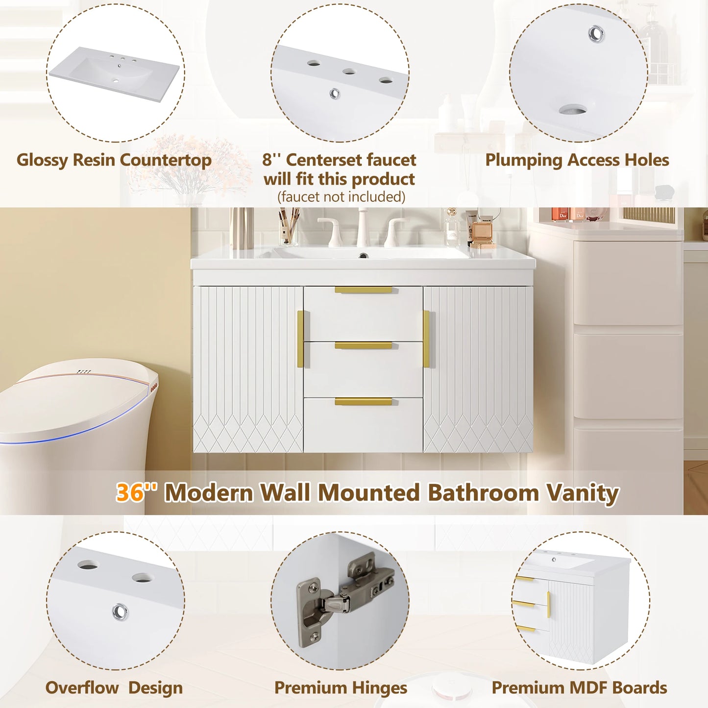 SH.KL 36'' Wall Mounted Bathroom Vanity, Bathroom Floating Vanity with Sink Combo, Storage Cabinet with 2 Drawers, Metal Handles