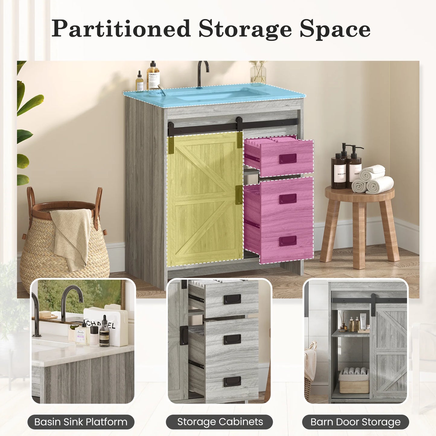 30" Farmhouse Single Bathroom Vanity with Ceramic Top, Sliding Barn Door Sink Vanity, Gray