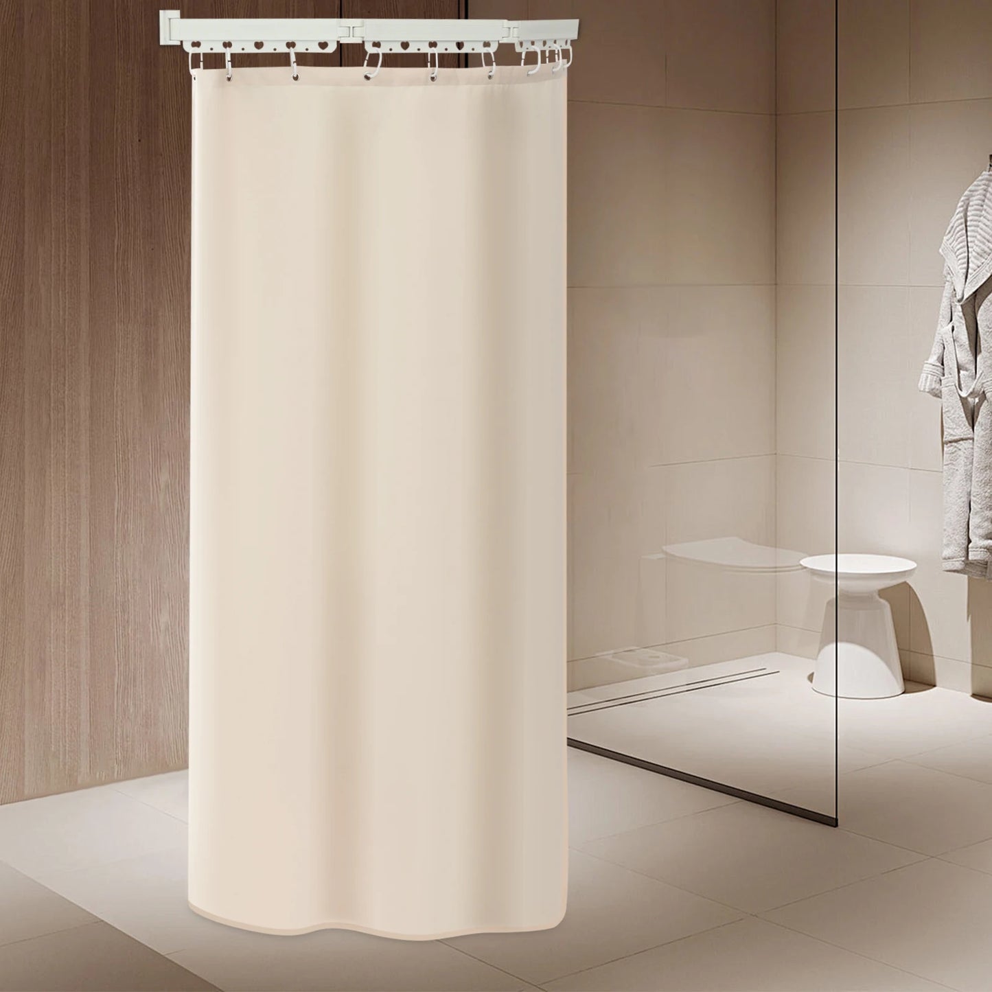 Wall Mounted Thickened Waterproof Folding Shower Curtain Rod Aluminum, Height Adjustable 104 To 138 cm, Load Up To 50 kg
