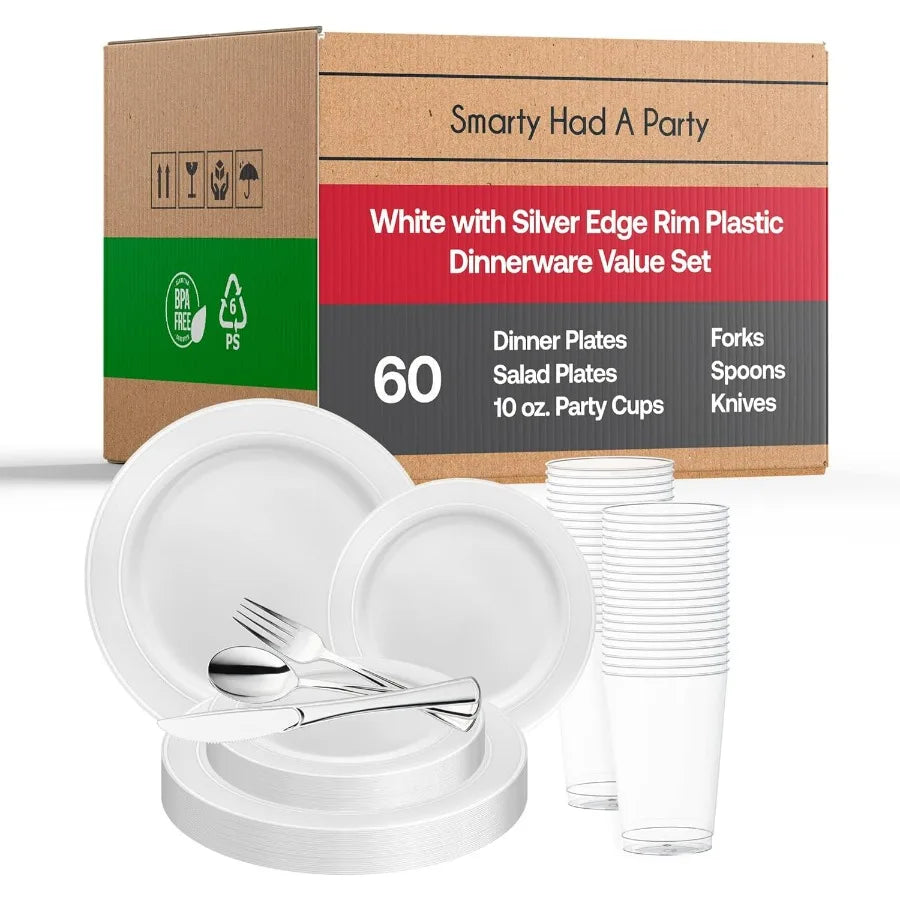 Set for 60 Guest White Elegant Plastic Plates Disposable with Silverware, Fancy Dinnerware for Weddings, Party & Holidays, Dinne