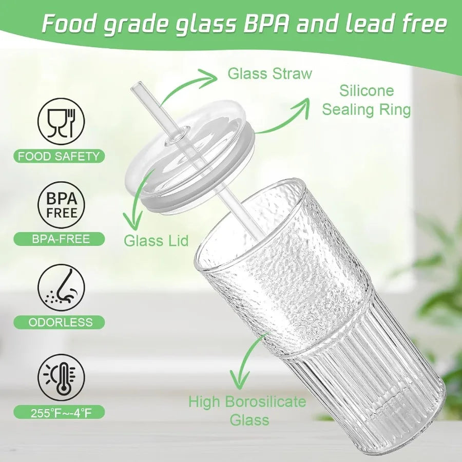 High Borosilicate Glass Cups With Lids And Glass Straws For Tumblers Ideal For Coffee Tea Juice Smoothies And Hot Drinks