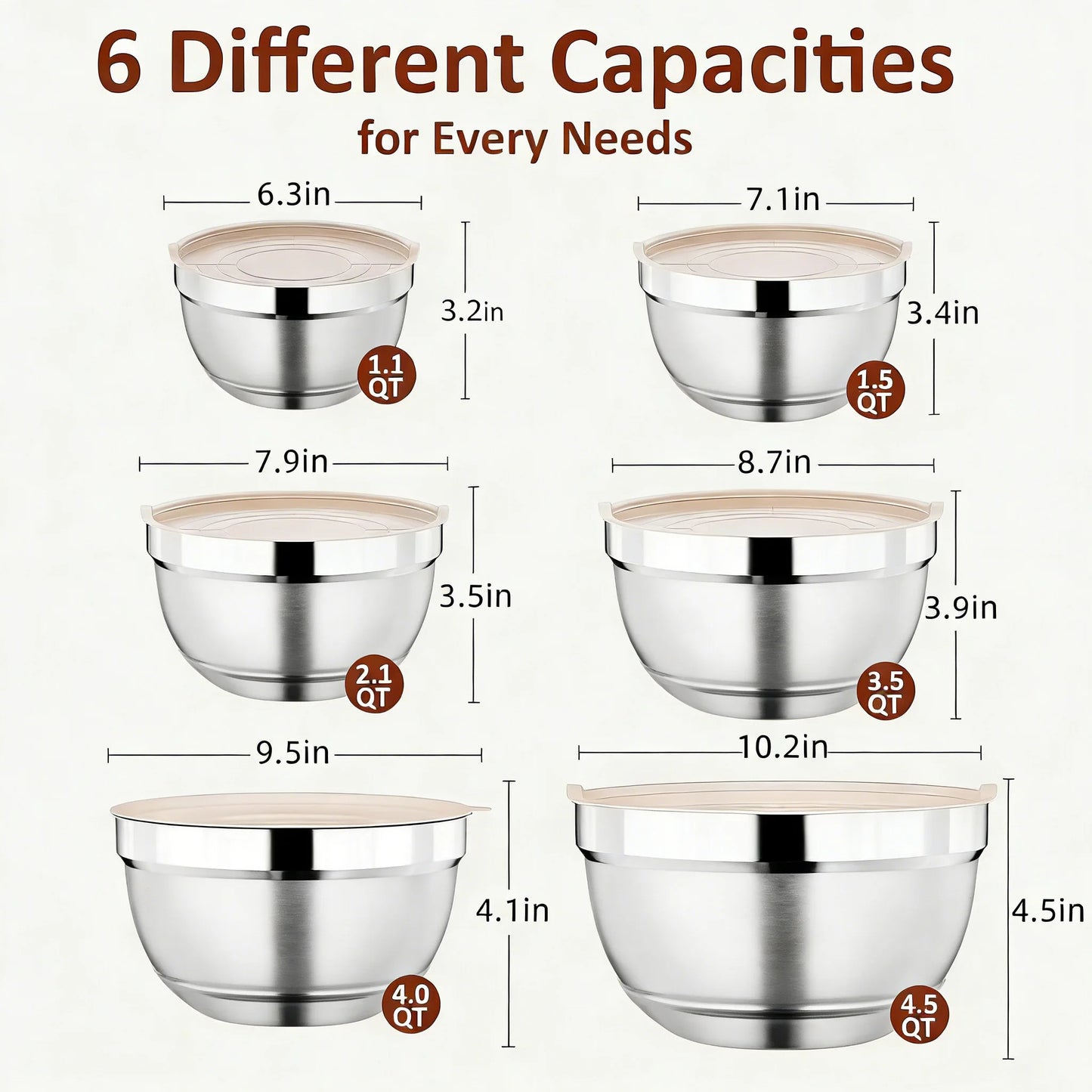 Stainless Steel Mixing Bowls With Lids Set Of 17 Pieces Six Thickened Bowls 1.1 To 4.5 Quarts For Baking And Storage
