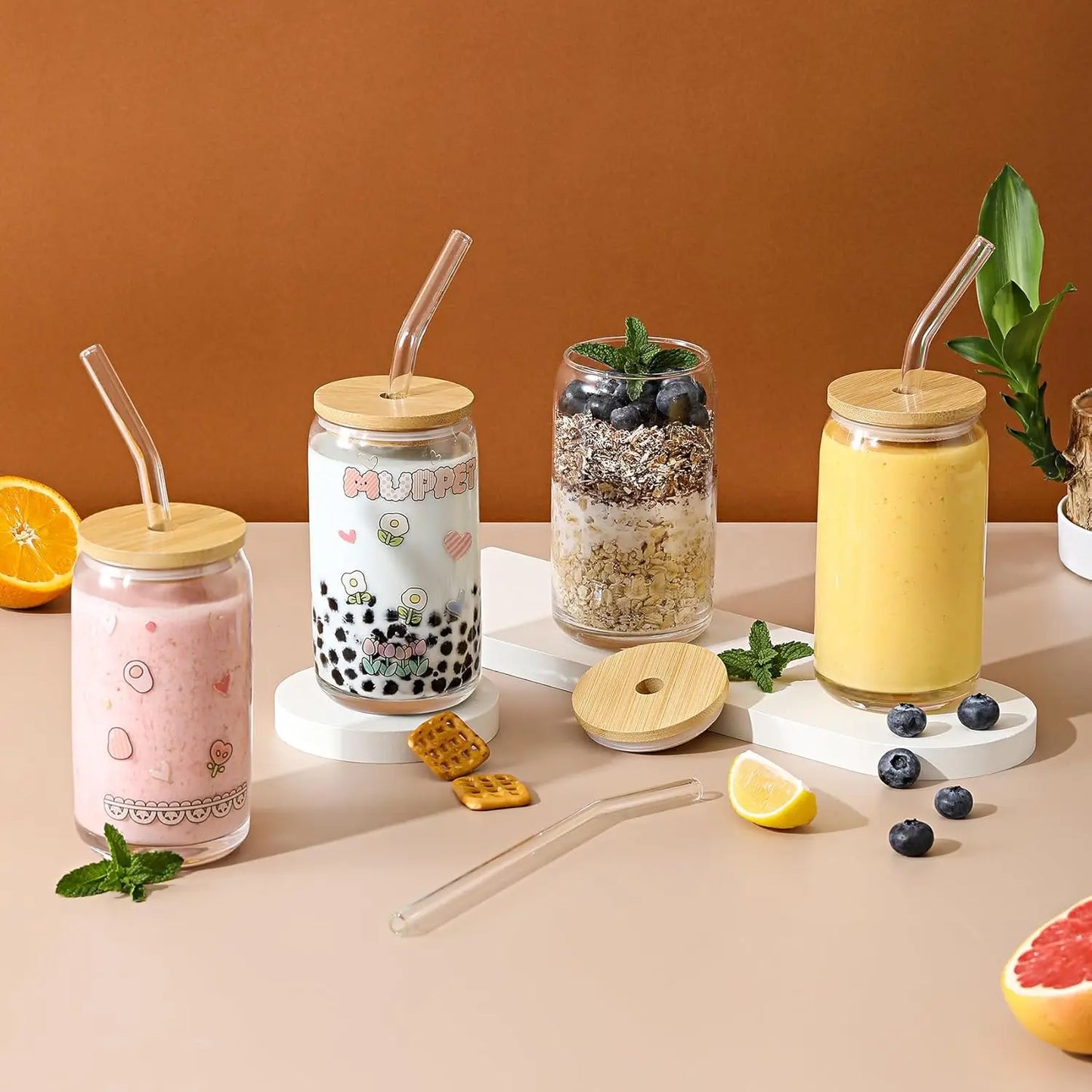 20 Piece Beer Shaped Glass Tumblers Set With Bamboo Lids And Straws 16 Oz Eco Friendly Bundle