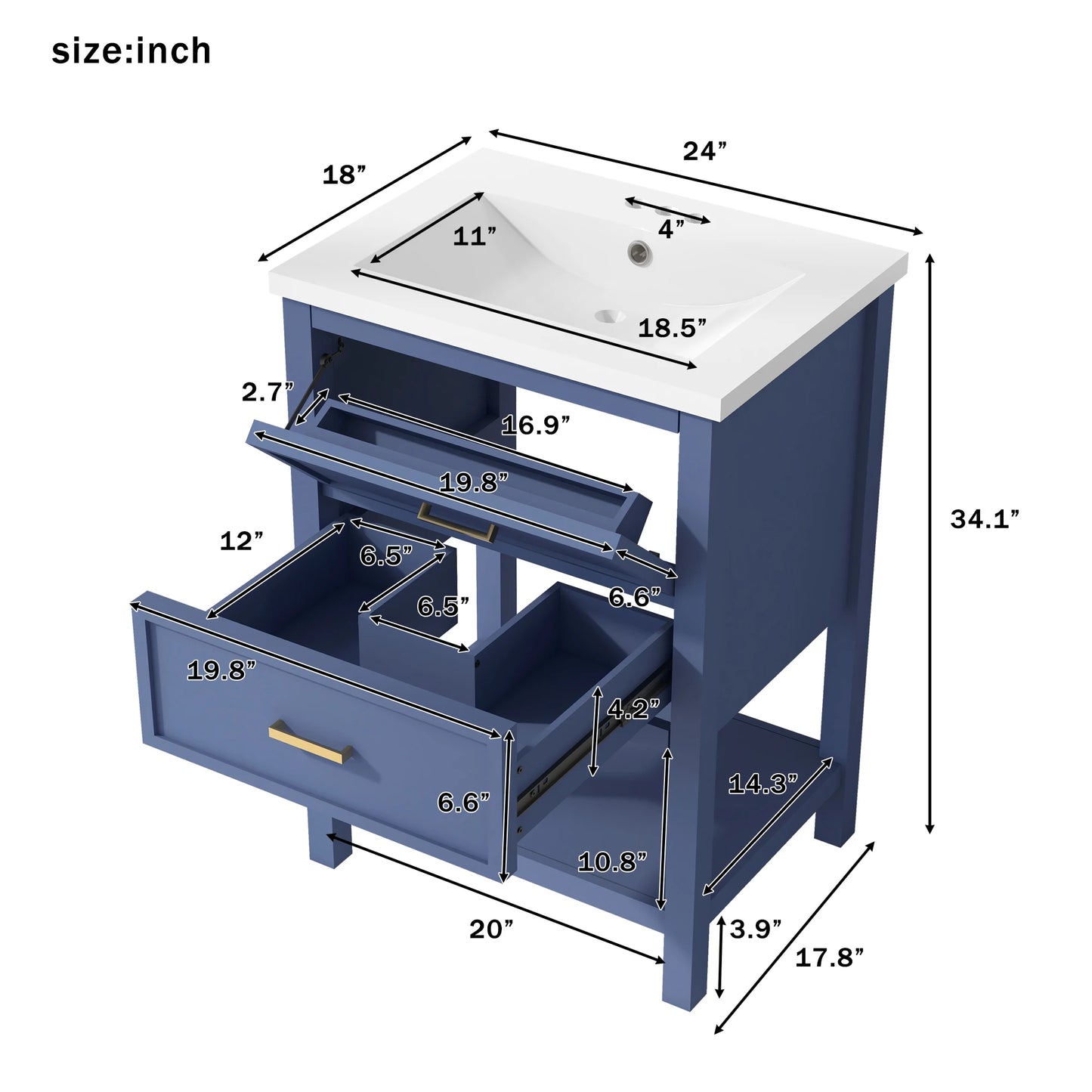 SH.KL 24'' Bathroom Vanity with Top Sink, Free Standing Single Basin Vanity Set with 2 Drawers, Wooden Bathroom Cabinet, Blue
