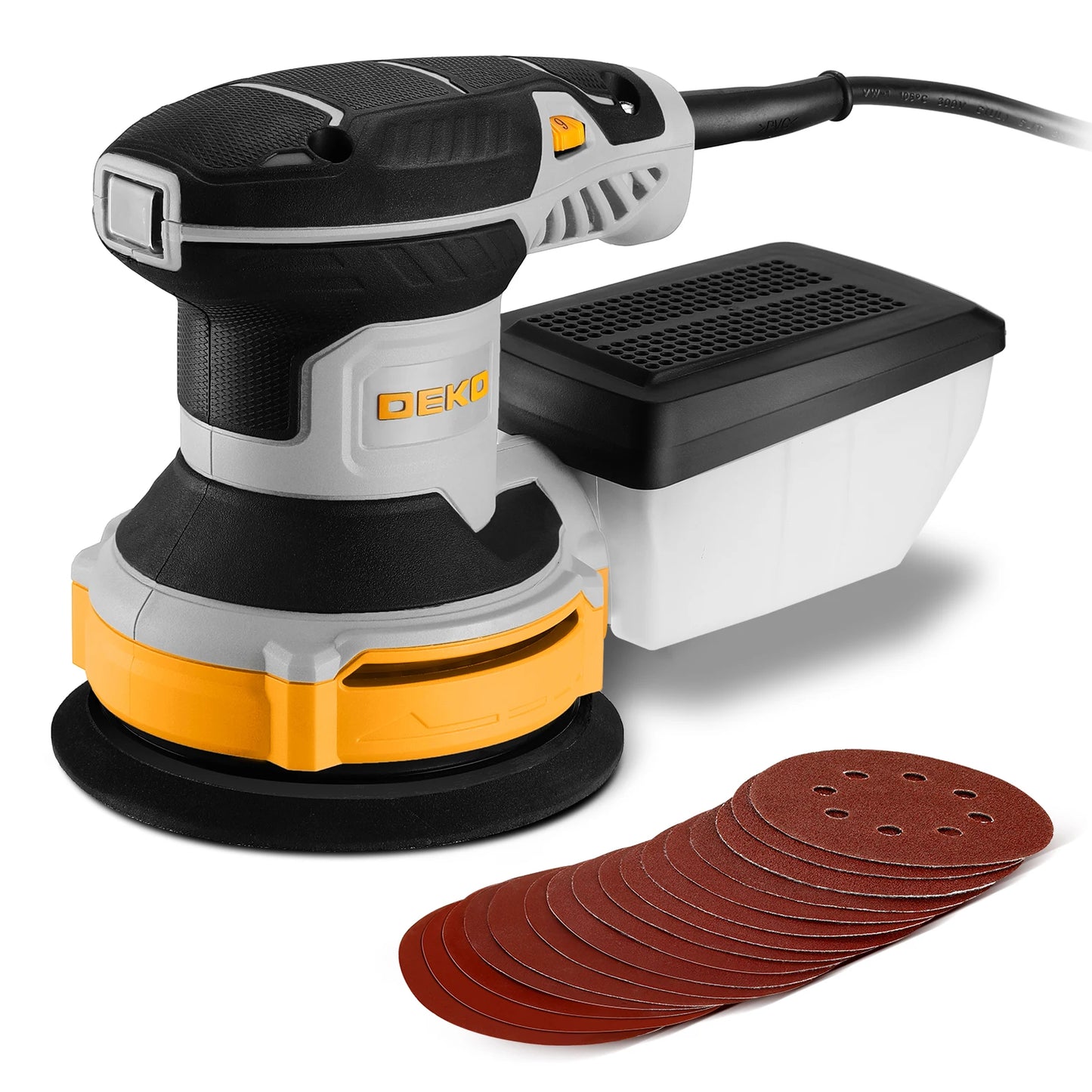 DEKO 14000 RPM Orbital Sander DKOS30A125G 300W With Dust Collection Pad And 16 Pieces Sandpaper Set