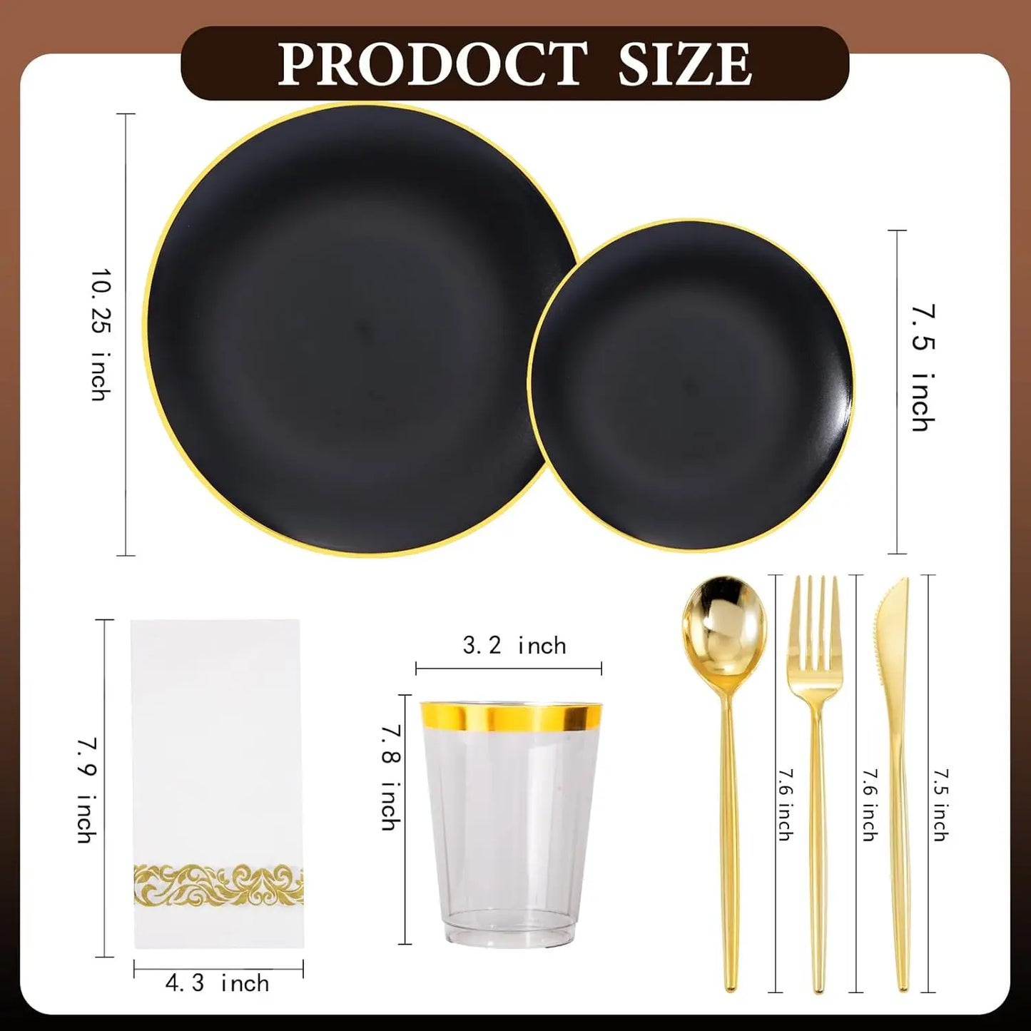 350Pcs Black Gold Matte Disposable Dinnerware Set for Parties, Includes Plates, Silverware, Napkins, Cups