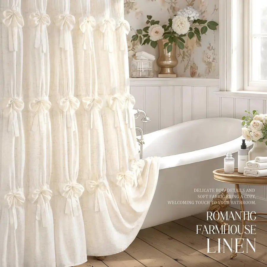 Farmhouse Vintage Ruffle Bow Shower Curtain Polyester Bathroom Decor With Timeless Charm