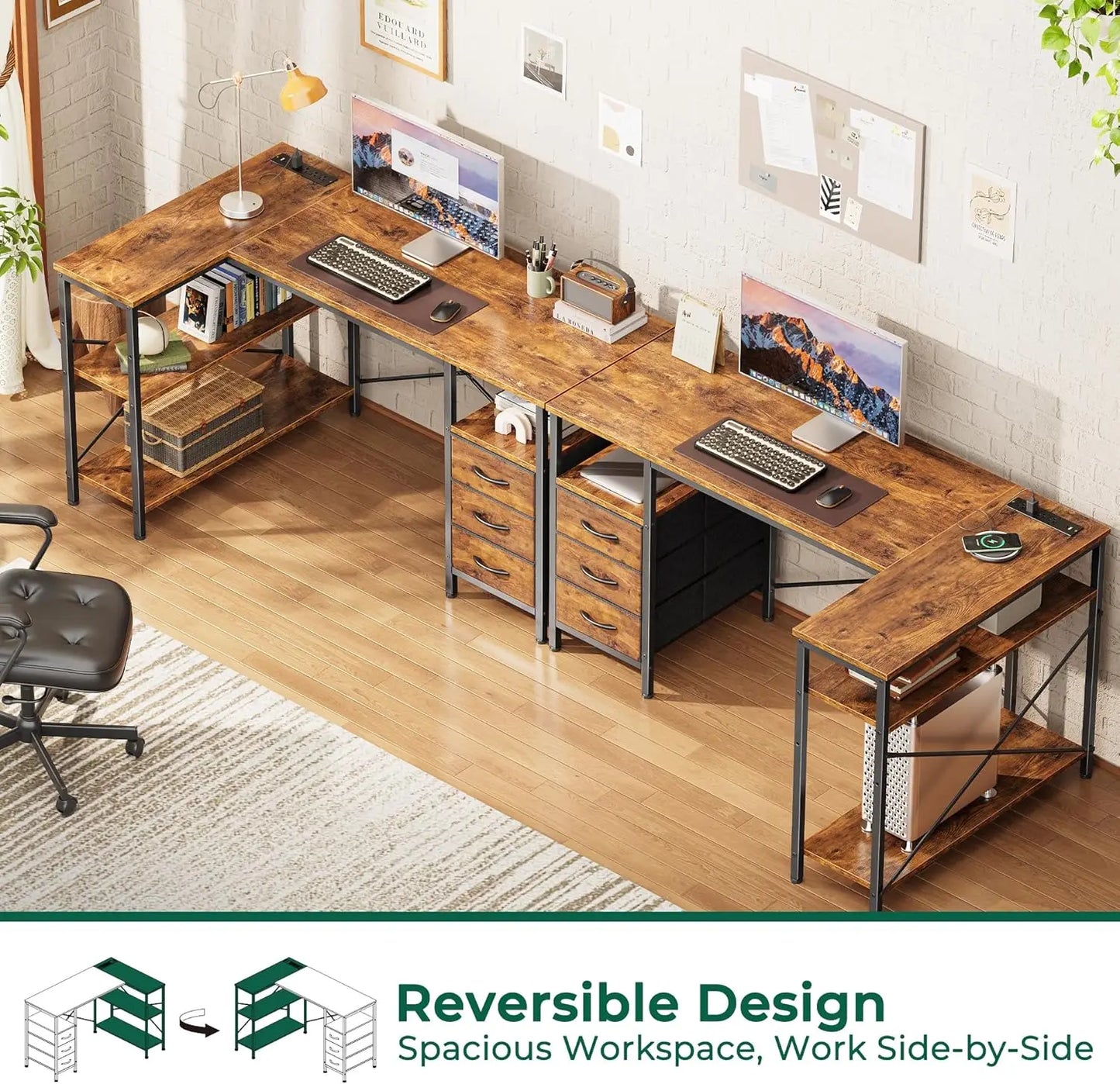 L-Shaped Office Desk with Power Outlets, 3 Drawers, Shelves for Gaming and Home Office in Rustic Brown