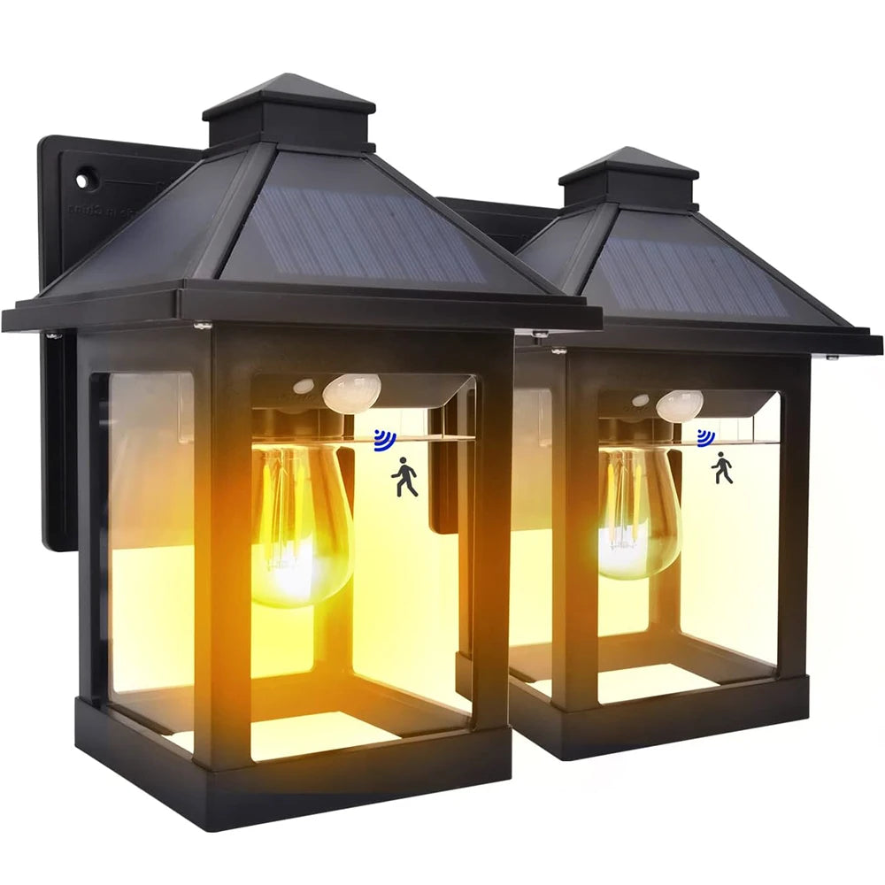 Solar Powered Wall Lanterns 2 Pack Motion Sensor Dusk To Dawn LED Sconce Lights For Exterior Front Porch