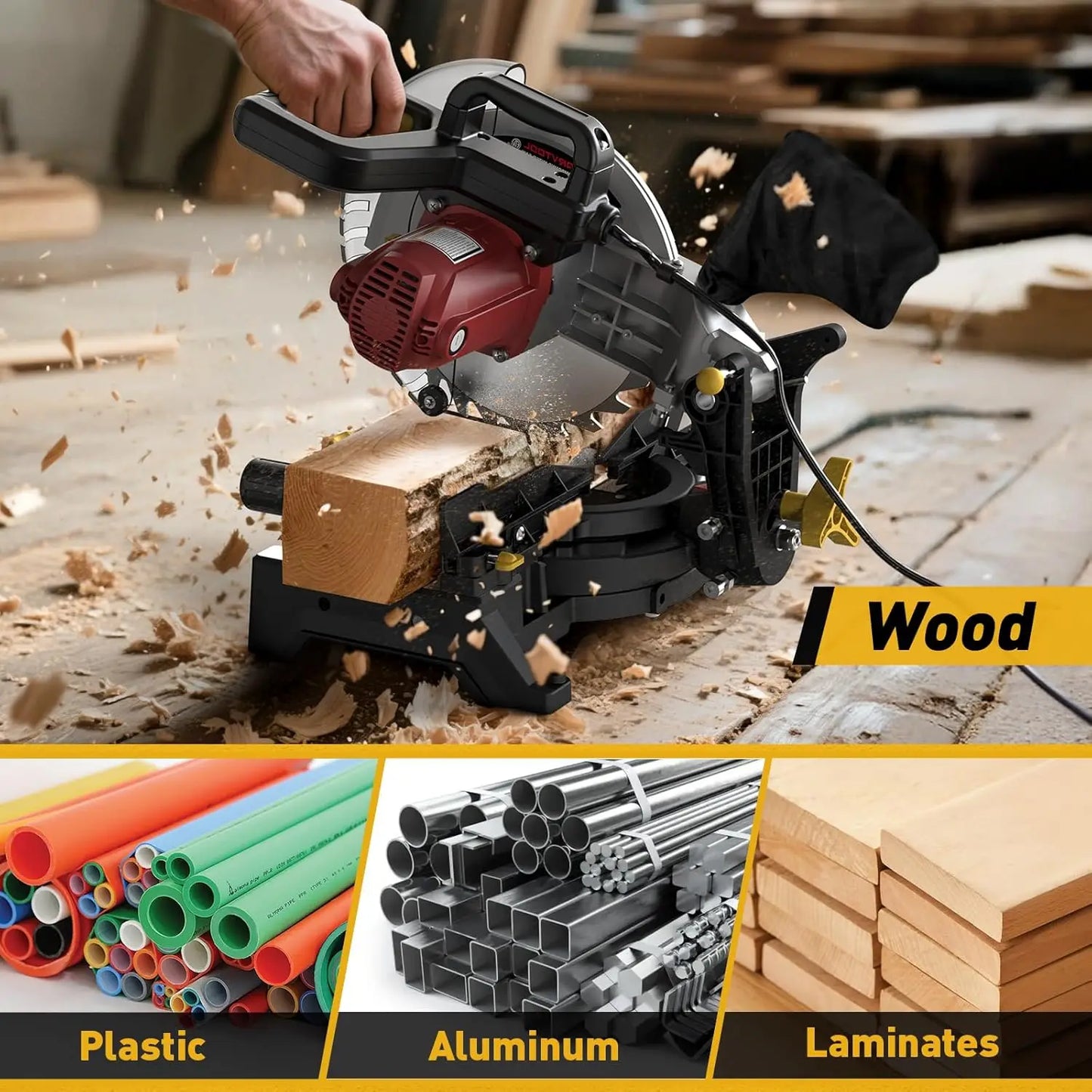 Marvtool Compound Miter Saw 15 Amp 5000 RPM 0 to 45 Degree Left Bevel Cutting Tool For Metal Plastic Wood Laminates